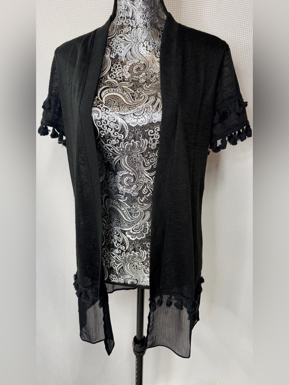 Black Tassel-Trim Open-Front Shrug